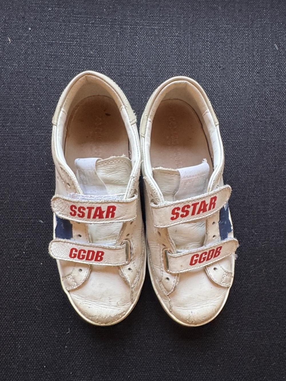 Kids Golden Goose  White Leather Velcro Sneakers with Navy Stripe
